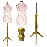 Display Guru Female Uk Size 10/12  Dressmakers Tailors Dummy Mannequin, Brown Flower on Cream Torso Bust With Gold wood Tripod Stand